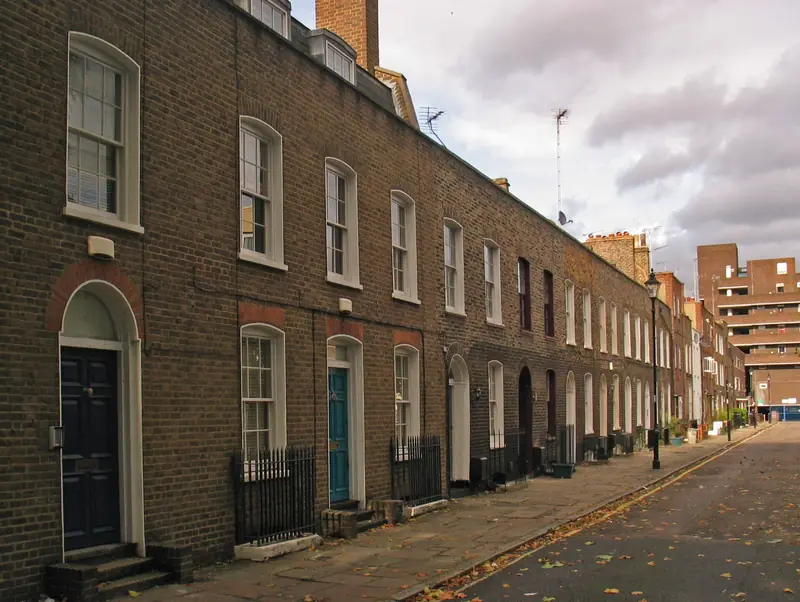 A quiet London terraced street of brick houses